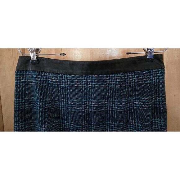 Plaid Pencil Skirt Blue Black Wool & Leather dark Academia teacher whimsygoth - Picture 3 of 10